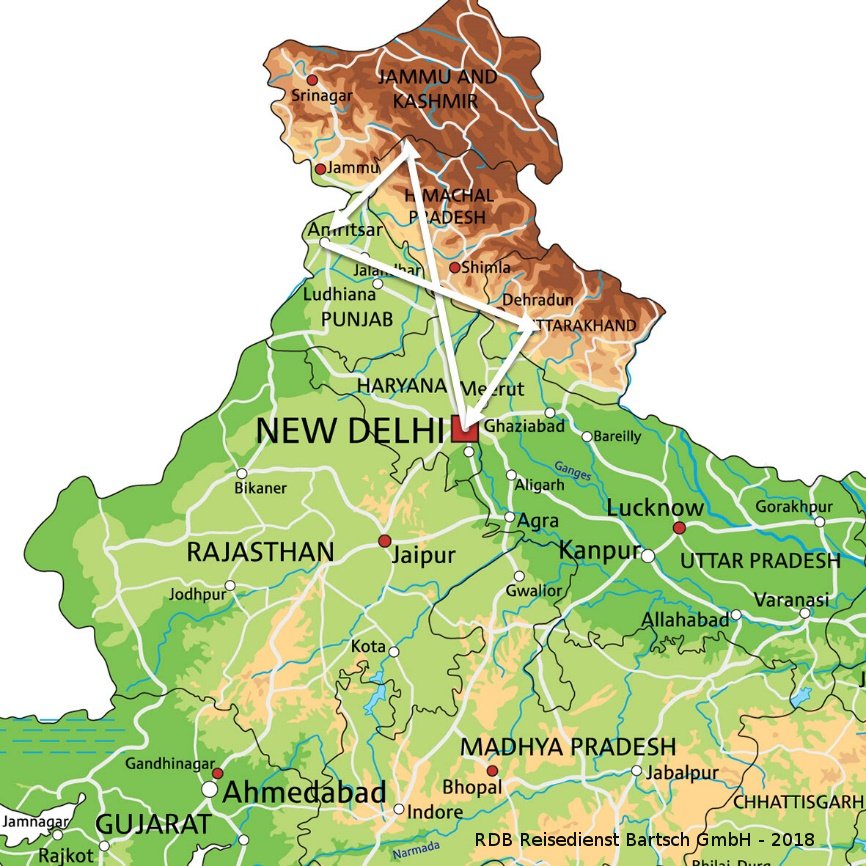 Karte mit Reiseverlauf Nordindien